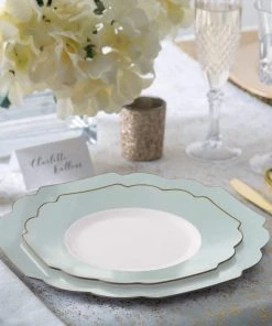 Set Scallop Design 56 Pc | Colored Scalloped Mint • Gold Plastic Party Set Party Sets