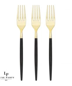 Chic Round Black And Gold Forks | 32 Pieces Flatware