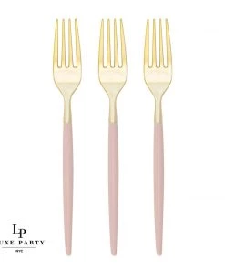 Chic Round Blush And Gold Forks | 32 Pieces