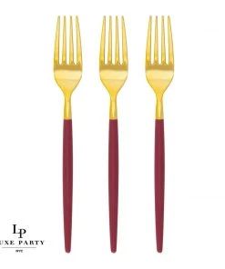 Chic Round Cranberry And Gold Forks | 32 Pieces