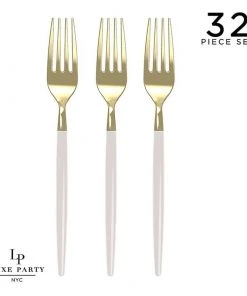 Flatware Chic Round Linen And Gold Forks | 32 Pieces