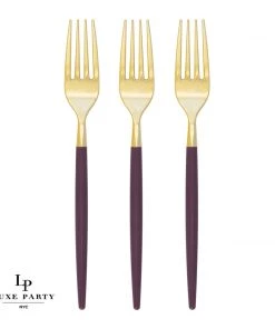 Chic Round Purple And Gold Forks | 32 Pieces