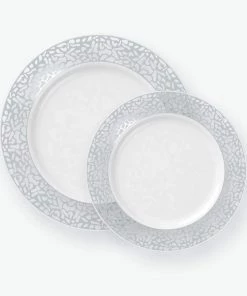 Classic Lace Round Lace White • Silver Plastic Plates | 10 Plates
