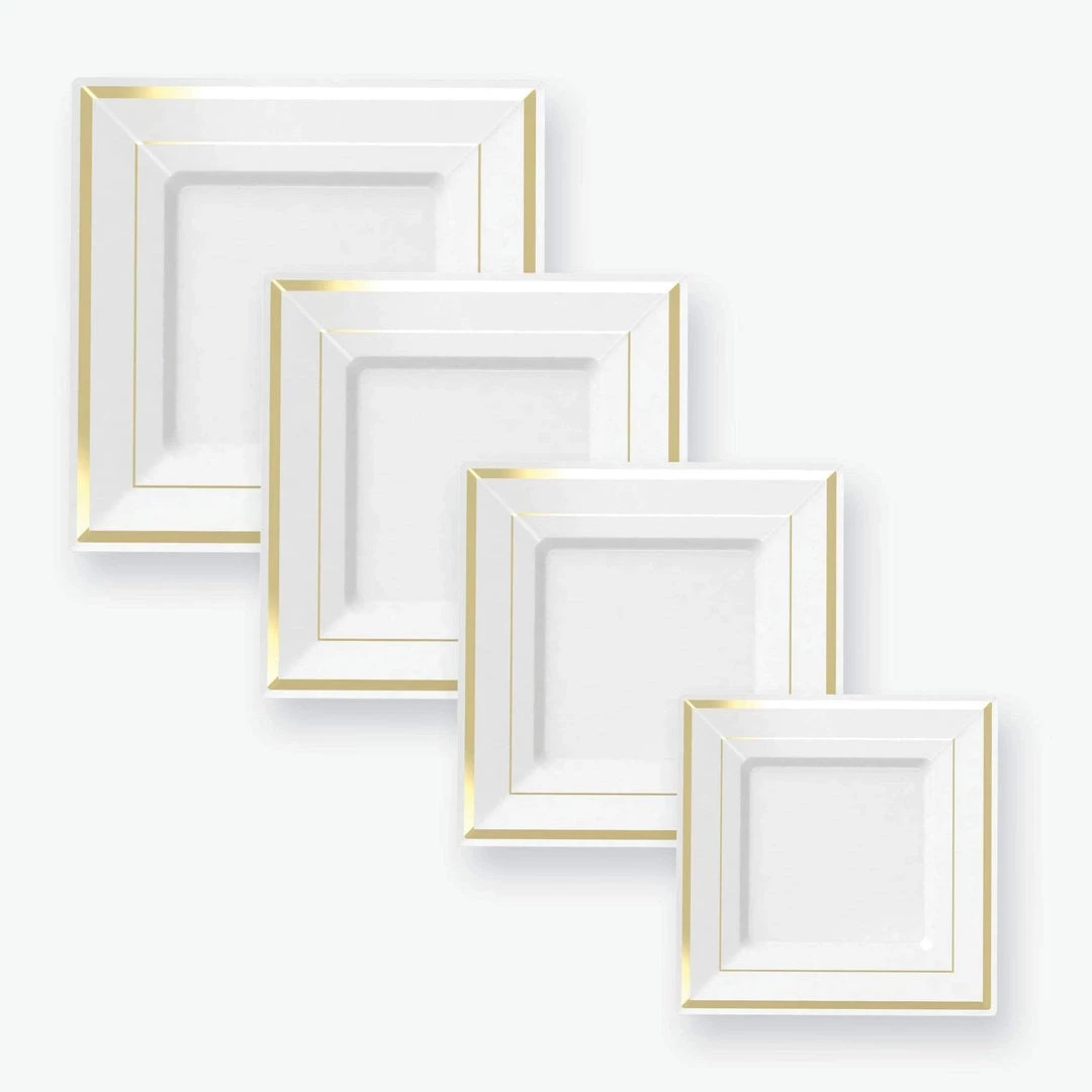 Classic Square White • Gold Plastic Appetizer Plates | 10 Plates 1 Classic Square White • Gold Plastic Appetizer Plates | 10 Plates