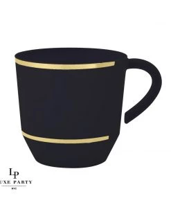 Luxe Party NYC Drinkware 12.5 Oz Round Black • Gold Plastic Coffee Cup | 8 Cups