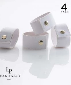 Luxe Party NYC 7.5" White Band And Gold Snap Faux Leather Napkin Rings | 4 Napkin Rings