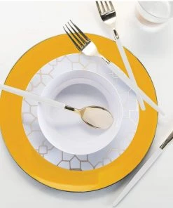 Round Accent Yellow • Gold Round Plastic Plates | 10 Pack