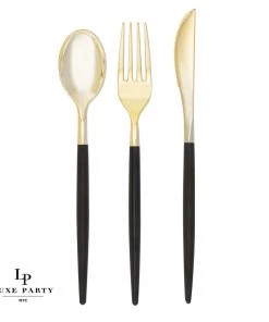 Luxe Party NYC Black • Gold Plastic Cutlery Set | 32 Pieces