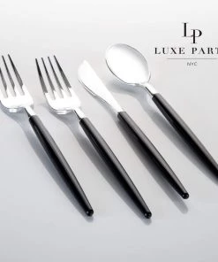 Luxe Party NYC Flatware Black • Silver Plastic Cutlery Set | 32 Pieces