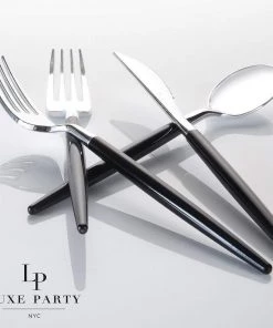 Luxe Party NYC Flatware Black • Silver Plastic Cutlery Set | 32 Pieces