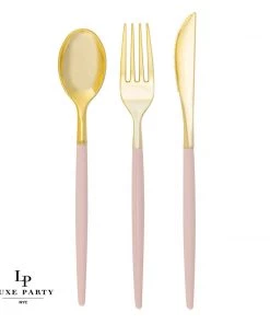 Luxe Party NYC Flatware Blush • Gold Plastic Cutlery Set | 32 Pieces