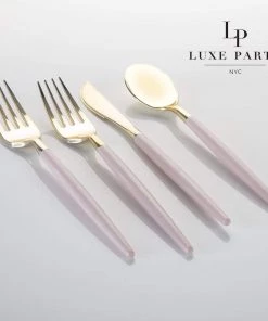 Luxe Party NYC Flatware Blush • Gold Plastic Cutlery Set | 32 Pieces