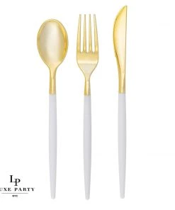 Luxe Party NYC Chic Classic Clear And Gold Plastic Cutlery Set | 32 Pieces Flatware
