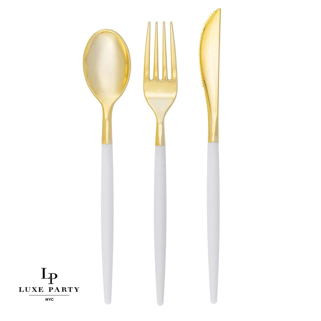 Luxe Party NYC Chic Classic Clear And Gold Plastic Cutlery Set | 32 Pieces Flatware 1 Luxe Party NYC Chic Classic Clear And Gold Plastic Cutlery Set | 32 Pieces Flatware