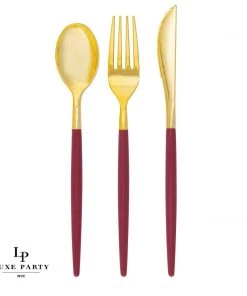 Luxe Party NYC Flatware Cranberry • Gold Plastic Cutlery Set | 32 Pieces