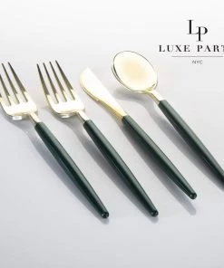 Luxe Party NYC Flatware Emerald • Gold Plastic Cutlery Set | 32 Pieces