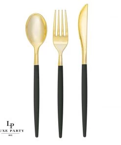 Luxe Party NYC Flatware Emerald • Gold Plastic Cutlery Set | 32 Pieces
