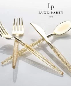 Luxe Party NYC Gold Glitter Plastic Cutlery Set | 32 Pieces Flatware