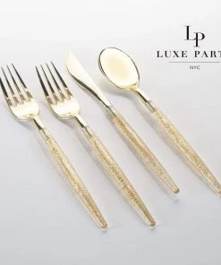 Luxe Party NYC Gold Glitter Plastic Cutlery Set | 32 Pieces Flatware