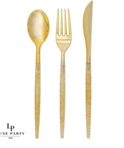 Luxe Party NYC Gold Glitter Plastic Cutlery Set | 32 Pieces Flatware