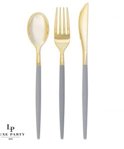 Luxe Party NYC Flatware Grey • Gold Plastic Cutlery Set | 32 Pieces