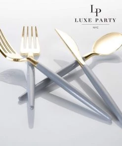 Luxe Party NYC Flatware Grey • Gold Plastic Cutlery Set | 32 Pieces