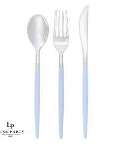 Luxe Party NYC Flatware Ice Blue • Silver Plastic Cutlery Set | 32 Pieces