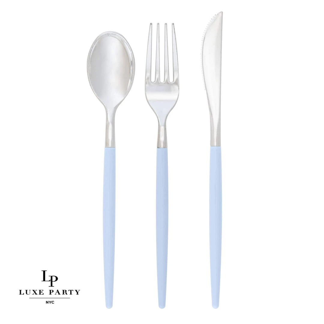 Luxe Party NYC Flatware Ice Blue • Silver Plastic Cutlery Set | 32 Pieces 1 Luxe Party NYC Flatware Ice Blue • Silver Plastic Cutlery Set | 32 Pieces