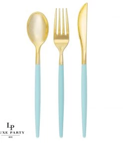 Luxe Party NYC Flatware Mint • Gold Plastic Cutlery Set | 32 Pieces