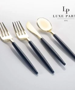 Luxe Party NYC Flatware Navy • Gold Plastic Cutlery Set | 32 Pieces