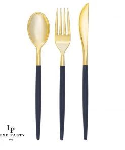 Luxe Party NYC Flatware Navy • Gold Plastic Cutlery Set | 32 Pieces