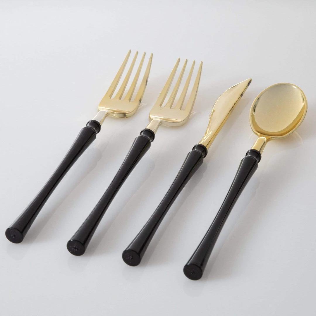 Luxe Party NYC Neo Classic Black • Gold Plastic Cutlery Set | 32 Pieces 2 Luxe Party NYC Neo Classic Black • Gold Plastic Cutlery Set | 32 Pieces