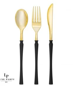 Luxe Party NYC Neo Classic Black • Gold Plastic Cutlery Set | 32 Pieces
