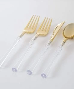 Luxe Party NYC Neo Classic Clear And Gold Plastic Cutlery Set | 32 Pieces