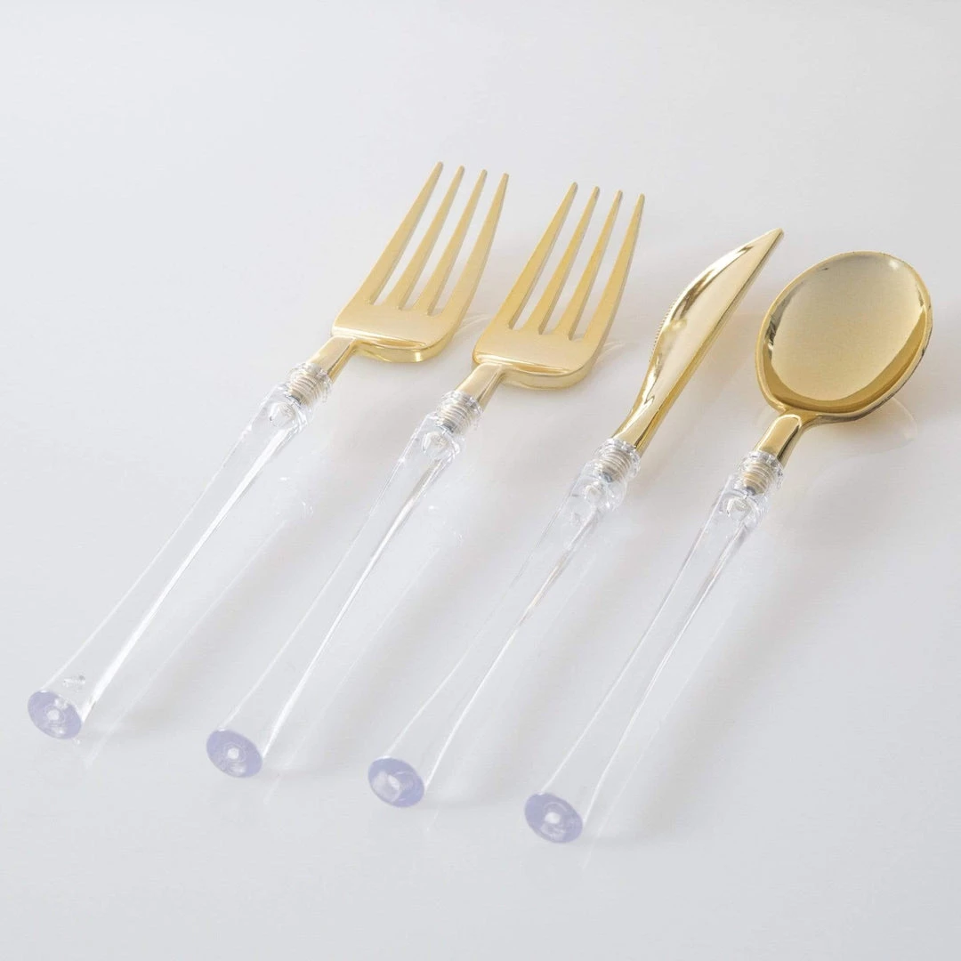 Luxe Party NYC Neo Classic Clear And Gold Plastic Cutlery Set | 32 Pieces 2 Luxe Party NYC Neo Classic Clear And Gold Plastic Cutlery Set | 32 Pieces