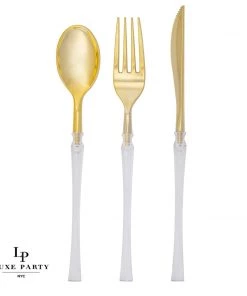 Luxe Party NYC Neo Classic Clear And Gold Plastic Cutlery Set | 32 Pieces