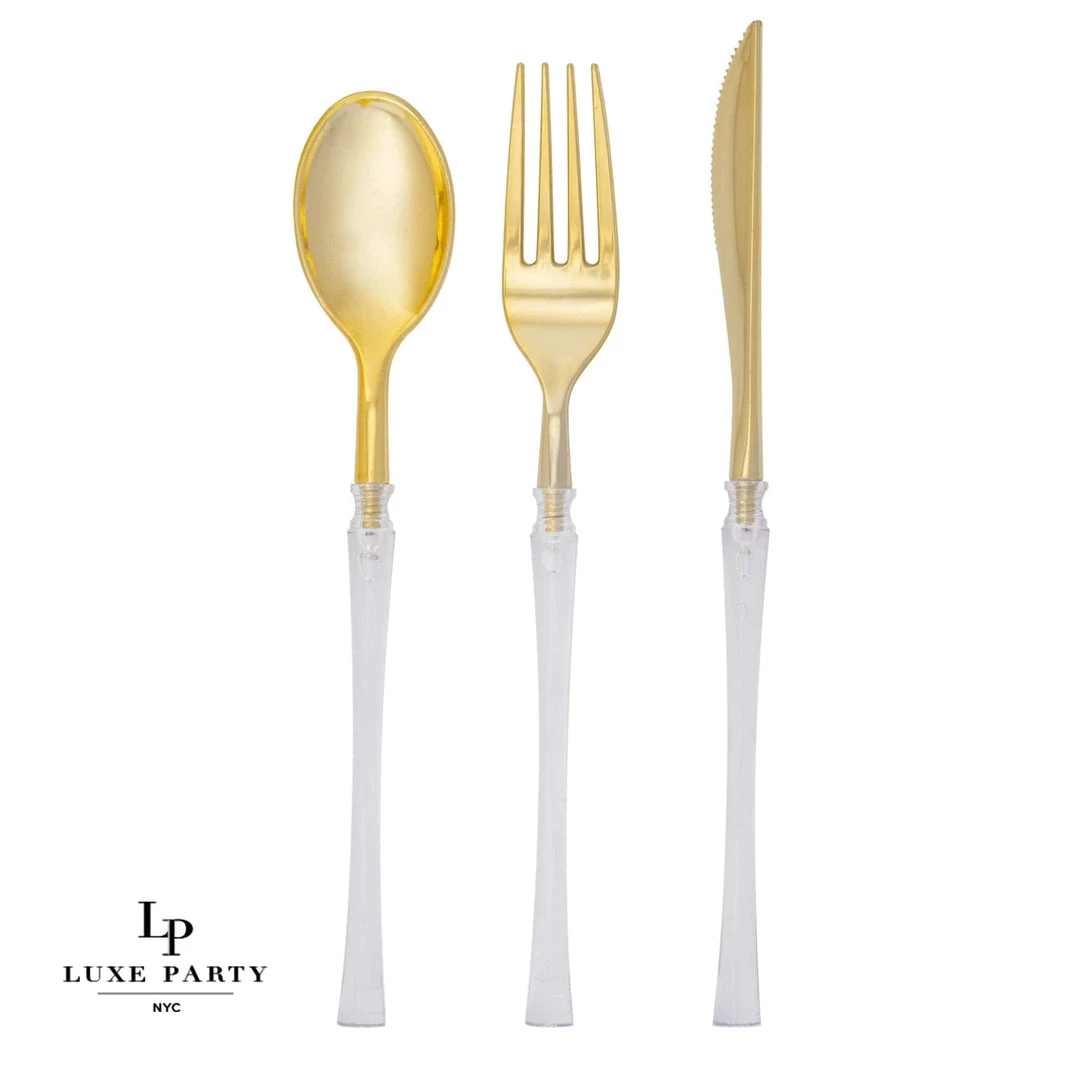 Luxe Party NYC Neo Classic Clear And Gold Plastic Cutlery Set | 32 Pieces 1 Luxe Party NYC Neo Classic Clear And Gold Plastic Cutlery Set | 32 Pieces