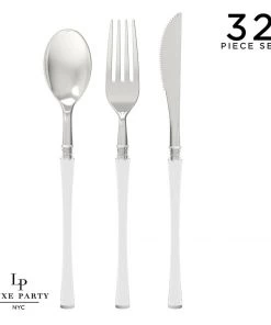 Luxe Party NYC Flatware Neo Classic Clear And Silver Plastic Cutlery Set | 32 Pieces