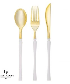Luxe Party NYC Neo Classic White • Gold Plastic Cutlery Set | 32 Pieces Flatware
