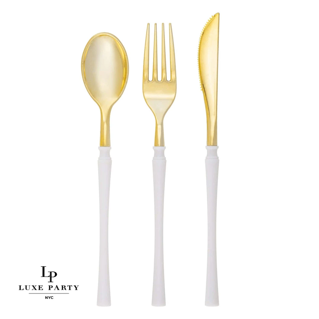 Luxe Party NYC Neo Classic White • Gold Plastic Cutlery Set | 32 Pieces Flatware 1 Luxe Party NYC Neo Classic White • Gold Plastic Cutlery Set | 32 Pieces Flatware
