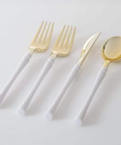 Luxe Party NYC Neo Classic White • Gold Plastic Cutlery Set | 32 Pieces Flatware