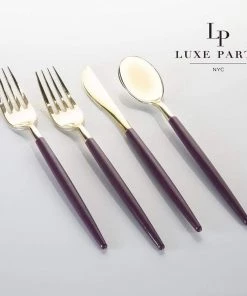 Luxe Party NYC Purple • Gold Plastic Cutlery Set | 32 Pieces