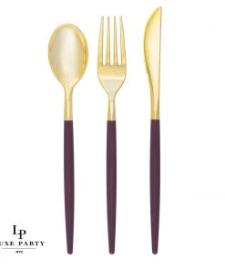 Luxe Party NYC Purple • Gold Plastic Cutlery Set | 32 Pieces