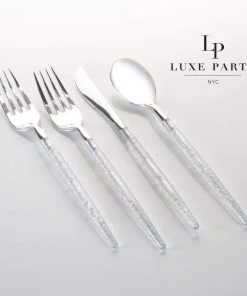 Luxe Party NYC Silver Glitter Plastic Cutlery Set | 32 Pieces Flatware