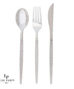 Luxe Party NYC Silver Glitter Plastic Cutlery Set | 32 Pieces Flatware