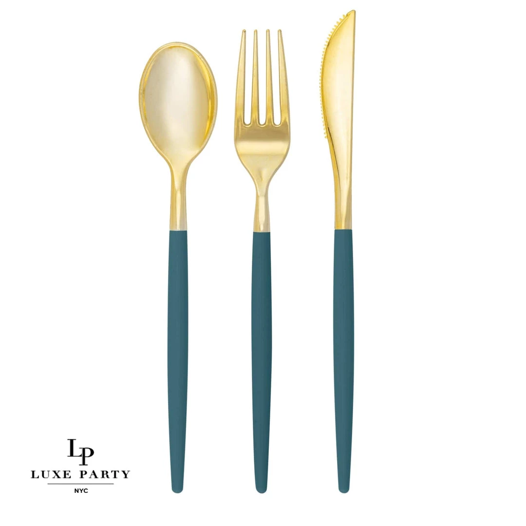 Luxe Party NYC Flatware Teal • Gold Plastic Cutlery Set | 32 Pieces 1 Luxe Party NYC Flatware Teal • Gold Plastic Cutlery Set | 32 Pieces