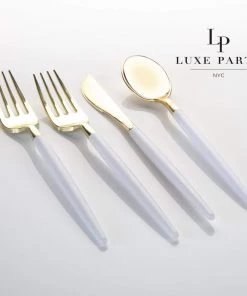 Luxe Party NYC White • Gold Plastic Cutlery Set | 32 Pieces Flatware
