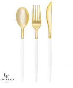Luxe Party NYC White • Gold Plastic Cutlery Set | 32 Pieces Flatware