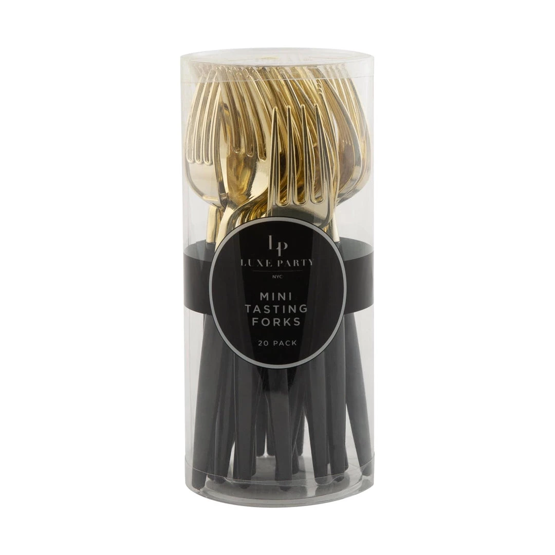 Luxe Party NYC Flatware Black And Gold Plastic Mini Forks | 20 Forks 5 Luxe Party NYC Flatware Black And Gold Plastic Mini Forks | 20 Forks