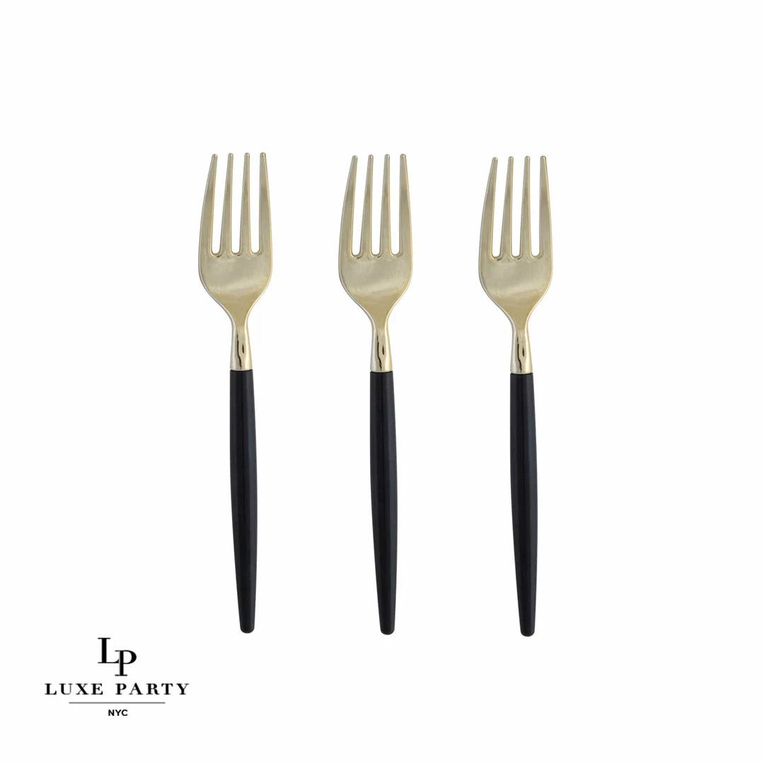 Luxe Party NYC Flatware Black And Gold Plastic Mini Forks | 20 Forks 1 Luxe Party NYC Flatware Black And Gold Plastic Mini Forks | 20 Forks